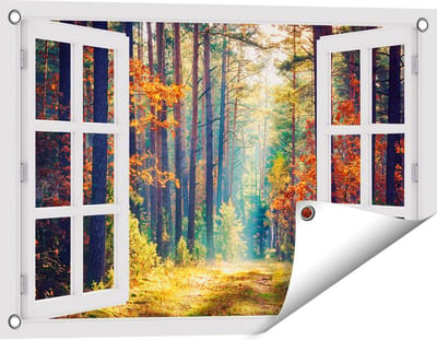 Gards Tuinposter Doorkijk Herfstbos met Zonneschijn - Kleur - 60x40 cm - Tuindoek - Tuindecoratie - Wanddecoratie buiten - Tuinschilderij