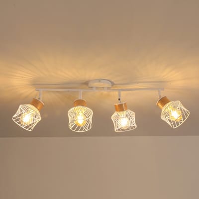 Haobosic IJzeren Vogelkooi - Plafondlamp - Wit + Hout - 73x12x24cm - E27 Verstelbare Fitting
