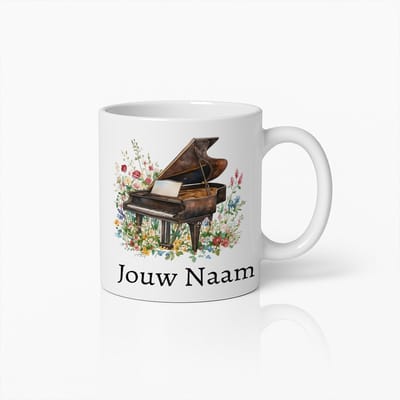 Gepersonaliseerde Piano Mok met Bloemendesign – Koffie- en Theekop met Naam voor Muziekliefhebbers