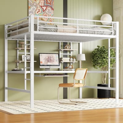 Hoogslaper met Bureau en Boekenplanken - Metalen Bedframe 140x200 cm - Ruimtebesparend en Multifunctioneel