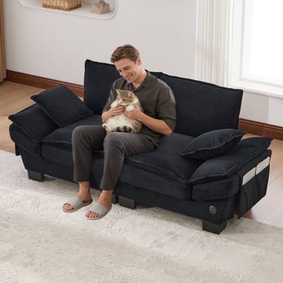 DESMIU Zitbank 190 cm - 2-Zits Cordsofa Met Brede Ergonomische Zitting, USB-C Aansluiting En Zijvakken - Voor Woonkamer, Kantoor En Lounge - Corduroy Zwart