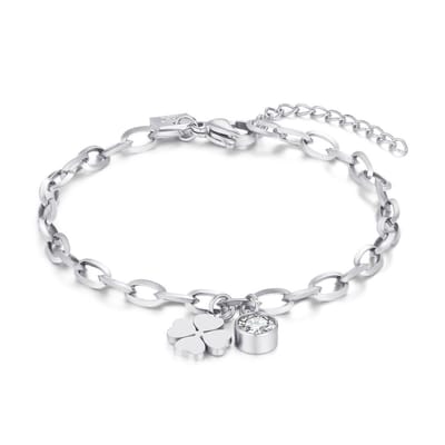 Twice As Nice Armband in edelstaal, ovale schakels, klaver, 1 kristal 16cm+3cm