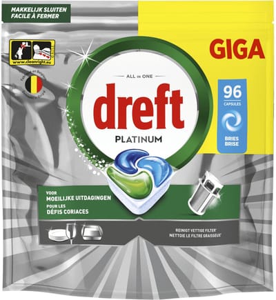 Dreft Platinum All In One - Vaatwastabletten - Krachtig Zelfs Bij Moeilijke Uitdagingen - Reinigt Vette Filters - 96 Capsules