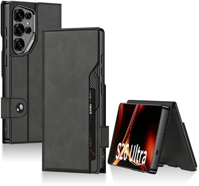 Casemania Hoesje Geschikt voor Samsung Galaxy S26 Ultra - Zwart - Luxe Kunstleren Bookcase met Pasjeshouder Cover