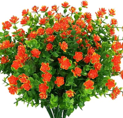Kunstbloemen, set van 4, groene UV-bestendige plantenstruiken met ongelijke bloemen, geschikt voor binnen en buiten, voor decoratie in huis, tuin, bruidswedding en feest.