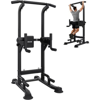 VEVOR optrekstang, optrekstation, power tower, dipstation met een draagvermogen van 150 kg, vrijstaand met H-frame constructie en rugvulling, 12-voudig in hoogte verstelbaar, training van armen, rug en borst