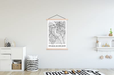 Posterhanger incl. Poster 120x180 cm - Schoolplaat - Mülheim An Der Ruhr - Kaart - Plattegrond - Stadskaart - Duitsland - Textielposter - Blanke latten - Stadskaart