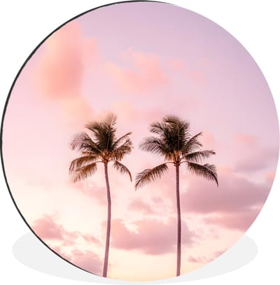 WallCircle - Wandcirkel - Muurcirkel - Palmbomen - Paars - Wolken - Lucht - Aluminium - Dibond - 30x30 cm - Binnen en Buiten