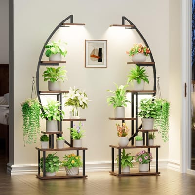 Hoge plantenstandaard voor binnen met groeilicht, 7 gelaagd metaal voor planten meerdere, 165 cm grote houder displayplank, halve maanvormige rek woonkamer, terras, balkon