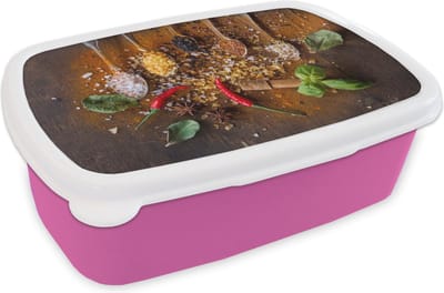 Broodtrommel Roze - Lunchbox - Brooddoos - Lepels - Kruiden - Chilipeper - Specerijen - 18x12x6 cm - Kinderen - Meisje