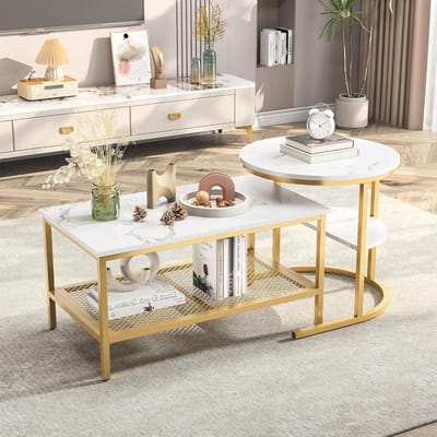 Round Coffee Table with Marble Grain Tabletop, Nesting Coffee Table, Set of 2, Accent Furniture with Metal Frame, Side Table for Living Room, Bedroom, Balcony(Gold-1)