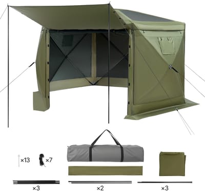 Pop-Up Gazebo Schermtent, 3x3 m Hexagonale Canopy Met Losneembare Dak & Draagzak, Eenvoudige Opbouw & Insectbestendig, Buiten Scherm voor 6-8 Personen, Groen