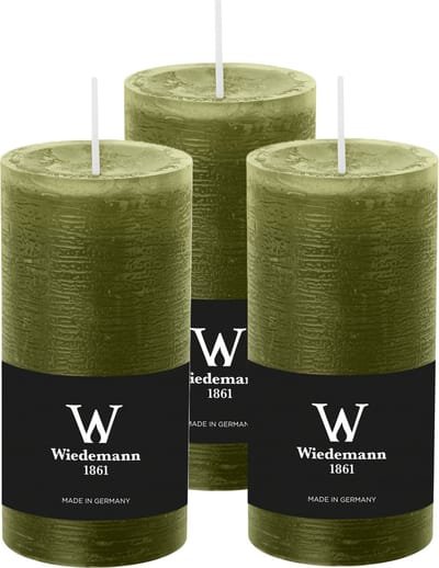 Wiedemann Cilinderkaars/stompkaars - 3x - rustieke kaars - olijfgroen - 6 x 12 cm - 42 branduren