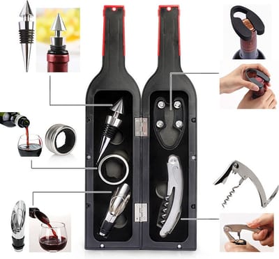 6-Delige Luxe Wijnset in Wijnfles vorm - Wijn fles accessoires Set - Wine tools - Wijn Kurken trekker - In Luxe Fles opbergbox - Cadeau set