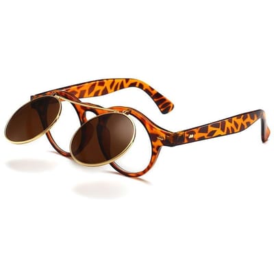 Klassieke Flip Zonnebril voor Mannen en Vrouwen Punk Stoom Ronde Vorm Dubbele Laag Zonnebril Europees en Amerikaans Stijlvolle Zonnebrillen Gafas brown