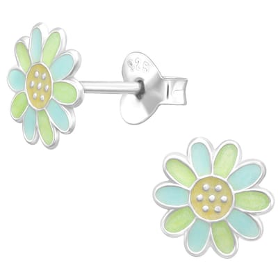 Joy|S - Zilveren zonnebloem oorbellen - 8 mm - blauw groene bloem oorknoppen