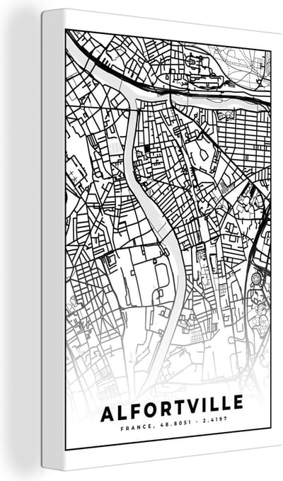 Canvas Schilderij Stadskaart - Frankrijk - Kaart - Plattegrond - Alfortville - Zwart wit - 20x30 cm - Wanddecoratie