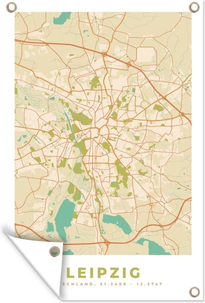 Muurdecoratie Plattegrond - Leipzig - Vintage - Kaart - Stadskaart - 120x180 cm - Tuinposter - Tuindoek