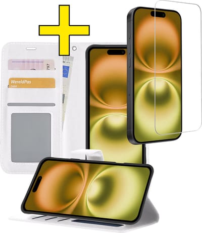 Hoesje - Met Screenprotector - Geschikt voor Apple iPhone 16 - Luxe Pasjeshouder - Bookcase Portemonee - Flip Case - Kunstleer Book Case - Flipcase - Book Cover - Walletcase - Portemonneehoes - Telefoonhoesjes - Wit