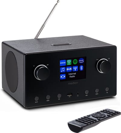 MEDION P85444 2.1 internetradio met subwoofer (DAB+, FM-radio, Spotify Connect, wifi, Bluetooth, streaming, equalizer, kleurendisplay, USB, AUX, wekker, sluimerfunctie, slaaptimer) zwart