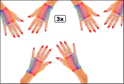 3x Paar Nethandschoen kort vingerloos regenboog - Rainbow festival thema feest party pride fun