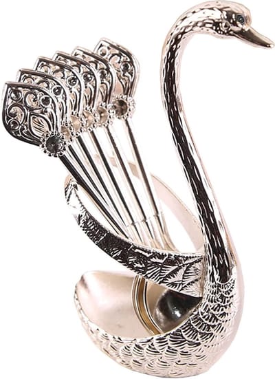 Set van 6 metalen dessertlepels met zwaanvormige lepelhouder, ideaal voor ijs, taarten en desserts