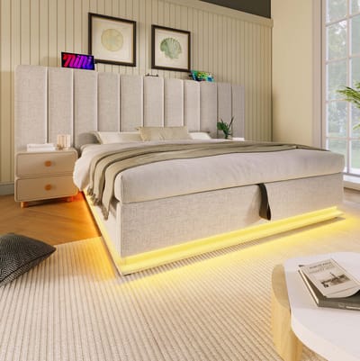MEUNIQ gestoffeerd tweepersoons bed 180x200 cm met opbergruimte, LED-verlichting, 3 USB en USB-C, lattenbodem, beige bedframe voor slaapkamer