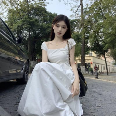 Effen Kleur Vierkante Halslijn Franse Jurk Lang Hoge Taille Dunne Rok Dames Zomerjurk 2XL