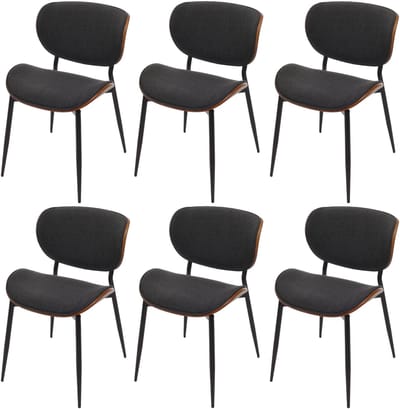 Set van 6 eetkamerstoelen MCW-O45, gebogen hout stof (370g/m²) Oeko-Tex MVG-gecertificeerd ~ walnoot look, donkergrijs