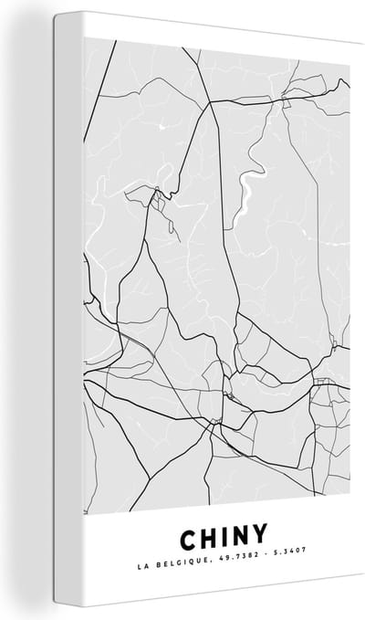 Canvas Schilderij Stadskaart – Plattegrond – België – Zwart Wit – Chiny – Kaart - 20x30 cm - Wanddecoratie