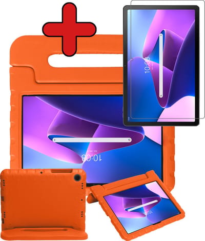 Hoesje - Geschikt voor Lenovo Tab M10 Plus (3e / 3rd Generatie) - Met Screenprotector - Kinderhoes - Shockproof Bumper - Kidsproof Case - Tablethoes - Kinder Hoes Cover - Oranje