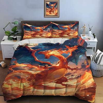 10 Maten Pokémon Charizard Print Beddengoed Set 3 Stuks Set Bed King Size Kussensloop Volwassen Bedovertrek Slaapkamer Bedset voor Cadeaus AU Double 180X210cm