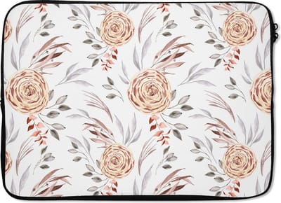 Laptophoes 14 inch - Rozen - Bladeren - Wit - Laptop sleeve - Binnenmaat 33x23 cm - Zwarte achterkant