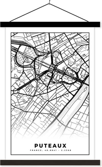 Posterhanger incl. Poster 40x60 cm - Schoolplaat - Frankrijk - Kaart - Plattegrond - Puteaux - Stadskaart - Zwart wit - Textielposter - Zwarte latten - Stadskaart