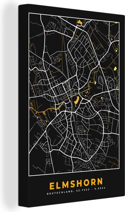 Canvas Schilderij Duitsland – Black and Gold – Elmshorn – Stadskaart – Kaart – Plattegrond - 20x30 cm - Wanddecoratie