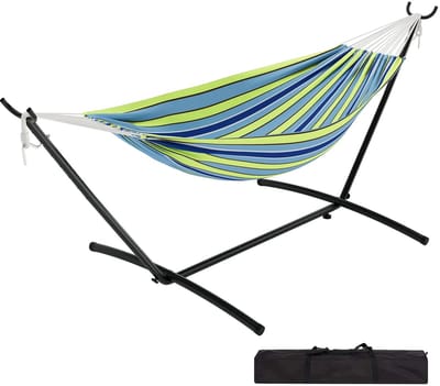 RosaBloom Hangmat met standaard - Tweepersoons hangmat - Draagbaar - Inclusief draagtas - Max 220 kg - 279x109 cm - Polyester-katoen - Blauw/Groen