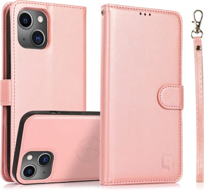 Perfeqt geschikt voor iPhone 14 Uitneembare leer BookCase Hoesje - Rose Gold