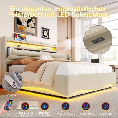 Gestoffeerd bed 140 x 200 cm - met LED-verlichting - met USB- en Type-C-aansluiting - met opbergruimte - zonder matras - beige