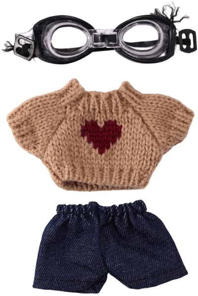 Dailygoods- Poppenoutfitset 3st - Kaki Trui/Jeans/Windbril - Coole Frisse Biker Kleding - Accessoires - Geschikt voor 17 cm Pop - Poppenkleding