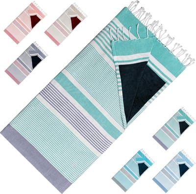 Arowell strandlaken - Trendy strandhanddoek - Slim ontwerp - 2 lagen bescherming tegen zandhitte - sneldrogend compact - zandvrij strandlaken - 170 x 90 cm - Turquoise-navy