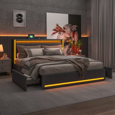 Opbergbed 140x200 cm grijs linnen met LED-verlichting, USB & Type-C, 4 lades en lattenbodem, gestoffeerd tweepersoonsbed