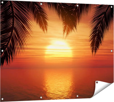 Gards Tuinposter Zonsondergang op het Strand met Palmbomen - 120x90 cm - Tuindoek - Tuindecoratie - Wanddecoratie buiten - Tuinschilderij