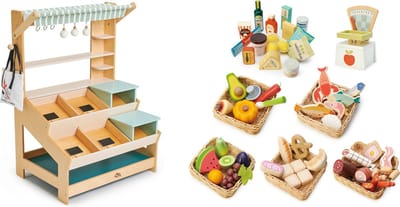 Tender Leaf houten marktkraam inclusief groente, fruit, vlees en vis producten en weegschaal - zeer complete speelset - 57 x 83 cm