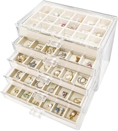 Acryl Sieradenbox met 5 Niveau's en Verwijderbare Lades voor Organisatie van Sieraden, Oorbellen, Ringen en Kettingen