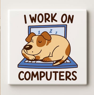 I Work on Computers Keramische Tegel – Grappige Slapende Hond Tech Quote Wanddecoratie – Kantoor & Thuis Humor Cadeau – 15 × 15 cm