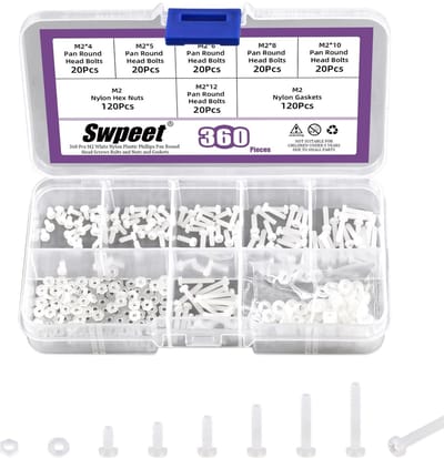 Dailygoods - Swpeet 360 stuks 6 maten M2 wit nylon pan ronde kop schroeven met zeskantmoeren en afdichtingen assortiment kit, nylon Phillips Cross Pan ronde kop schroef, lengte 4/5/6/8/10/12 mm