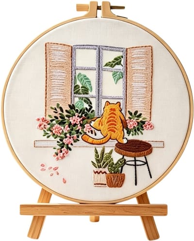 Untamed - PREMIUM Borduurpakket Volwassenen – Borduren – Creatieve hobby – Ontspanning Thuis – Cadeau idee – Compleet pakket met extra’s – Echte HOUTEN borduurring (geen plastic) – DIY decoratie – Kat – Raam – Bloemen – Mischief at the Window