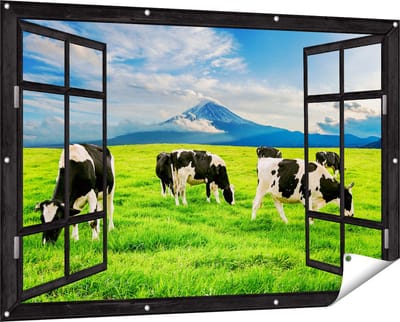 Gards Tuinposter Doorkijk Koeien in de Wei - 150x100 cm - Tuindoek - Tuindecoratie - Wanddecoratie buiten - Tuinschilderij