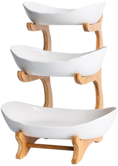 Drielaags Serviesplateau – Houten & Keramisch Fruitschaal – Drogen Fruitrek & Sushi Bord – Multifunctioneel Opbergplateau voor Thuis, Bar & Restaurant – Wit