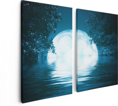 Artaza Canvas Schilderij Tweeluik Volle Maan in het Water - 80x60 - Foto Op Canvas - Canvas Print
